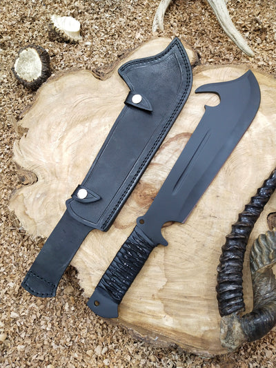 Handcrafted Hunting Knife with High-Quality Steel Blade, Black & Brown Leather-Wrapped Handle