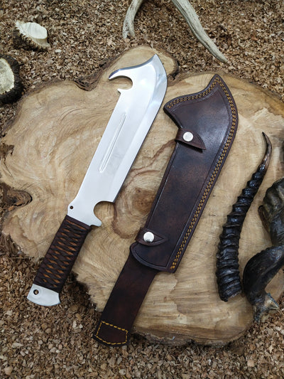 Handcrafted Hunting Knife with High-Quality Steel Blade, Black & Brown Leather-Wrapped Handle